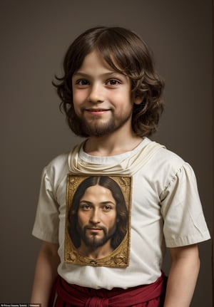 Create a portrait of a 5-year-old boy resembling Jesus Christ, dressed in upper body attire, using the High Renaissance style of Leonardo da Vinci. Incorporate elements such as sfumato technique, enigmatic smile, realistic adolescent anatomy, intricate drapery, and chiaroscuro lighting