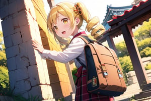 1 girl,
solo,
young Japanese girl,
around 6 years old,
bright yellow eyes,
sparkle with innocence and curiosity,
playful expression,
curious,
young,
female,
Japanese,

wearing a Japanese school uniform,
collared shirt,
pleated skirt,
backpack,

blonde hair,
styled in twin drills and twintails,
adorned with a cute hair ornament,

 front of a Mayan pyramid temple,

bright sunny day,
clear blue sky,
sunlight,

high-resolution,
highly detailed,
masterpiece,
8K,
3D,
photorealistic,

medium shot,

stunning,
visually striking,
youthful innocence,
endearing personality,
playfulness and wonder,
charm and energy of a young child,