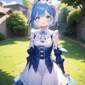 (6 year old girl:1.7), (cowboy shot:1.4), Rem from Re:Zero, (insanely detailed:1.1), (Ultra detailed:1.1), (8K resolution:1.2), (photorealistic:1.1), (natural lighting:1.1), young child, big blue eyes, short light blue hair with side bangs, cute expression, childlike features, wearing a distinctive maid outfit with frills and bows, blue and white color scheme, outdoors, the Kremlin in background, bright sunny day, clear sky, looking at viewer, innocent pose, (hyper-realistic:1.1)