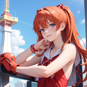 Photorealistic 8K high-resolution image of a 6-year-old Asuka Langley Soryu from Neon Genesis Evangelion, upper body portrait, bright sunny day, vibrant red hair with neural clips, blue eyes, cheerful expression, wearing her iconic red plug suit or school uniform, Tokyo Tower in the background, hyper-detailed, ultra-realistic, natural lighting, professional photography