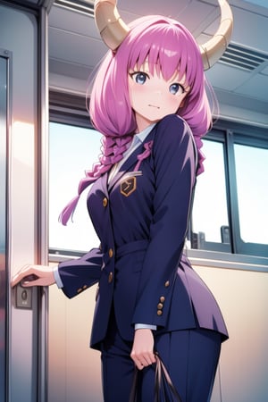 (solo:1.1),
young,
petite,
6-year-old,
Japanese girl,
gentle and kind expression,

aaaura,
braid,
twin braids,
horns,

(Office worker clothes:1.1),

looking at the viewer, cowboy shot,
Inside a Japanese train,

bright,
sunny day,

photorealistic,
ultra-high-resolution,
8K,
