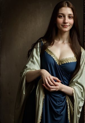 Renaissance portrait in the style of Leonardo da Vinci, upper body of the Virgin Mary, sfumato technique, subtle gradations, enigmatic smile, muted earth tones, atmospheric perspective, detailed background landscape, chiaroscuro lighting, realistic human anatomy, intricate drapery of Renaissance clothing, oil on wood panel, high level of detail, masterful composition, soft ethereal glow, gentle facial features, flowing hair, delicate hands, serene and divine expression, blue robe with red undergarment, subtle halo effect