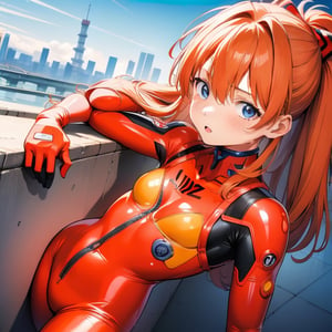 (6 year old girl:1.7), Asuka Langley Soryu from Neon Genesis Evangelion, young child, blue eyes, orange hair, hair between eyes, cute expression, childlike features, wearing a red plugsuit, outdoors, looking at viewer, innocent pose, background is Tokyo Tower, cityscape