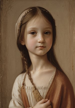 A portrait in the distinctive style of Leonardo da Vinci, depicting the upper body of a 5-year-old girl dressed in traditional ancient Greek clothing. The background subtly hints at an ancient Greek city, with elements such as detailed architecture, temples, and market scenes visible but not distracting from the main subject. The girl has a serene and innocent expression, and the painting captures the intricate details and realistic textures typical of Leonardo da Vinci's work, with a focus on light and shadow to create depth and dimension. Use the sfumato technique for soft transitions between colors and tones, and emphasize the girl's delicate features and curious expression. Blend Renaissance and ancient Greek aesthetics seamlessly.