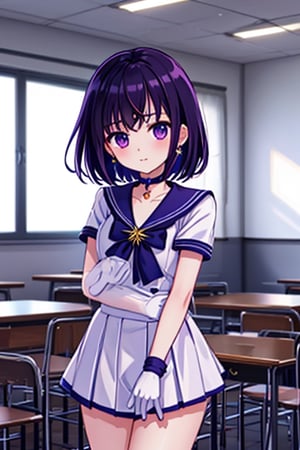 A beautiful and detailed illustration of a 6-year-old Japanese schoolgirl in a classroom setting, incorporating Sailor Saturn elements. She has short purple hair, purple eyes, and is wearing a magical girl outfit with a sailor senshi uniform, miniskirt, purple sailor collar, white gloves, circlet, brooch, choker, earrings, gloves, jewelry, and a star choker. The image should be in a high-quality, 8k resolution, with perfect lighting, extremely detailed CG, and perfect hands and anatomy. The girl should be looking at the viewer in a cowboy shot, with a natural light source and a school background. 