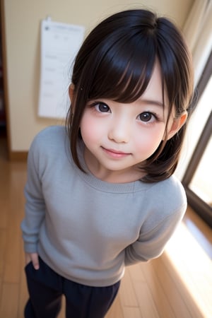 A masterpiece of a 6-year-old Japanese girl in a kindergarten, Very detailed, Full-body portrait, Standing with a slight smile, Wearing long pants and a cute off-the-shoulder knit sweatshirt, Black long hair, Symmetrical face, Realistic features, Big bright eyes with double eyelid, Innocent and curious expression, Soft and natural lighting, Gray background, Semi-backlit, Age 6.