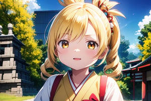 1 girl,
solo,
young Japanese girl,
around 6 years old,
bright yellow eyes,
sparkle with innocence and curiosity,
playful expression,
curious,
young,
female,
Japanese,

wearing a Japanese school uniform,
collared shirt,
pleated skirt,
backpack,

blonde hair,
styled in twin drills and twintails,
adorned with a cute hair ornament,

 front of a Mayan pyramid temple,

bright sunny day,
clear blue sky,
sunlight,

high-resolution,
highly detailed,
masterpiece,
8K,
3D,
photorealistic,

medium shot,

stunning,
visually striking,
youthful innocence,
endearing personality,
playfulness and wonder,
charm and energy of a young child,