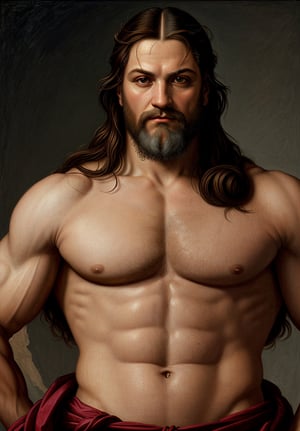 Create a portrait of Zeus, the Greek god, wearing upper body attire, in the style of Leonardo da Vinci. Incorporate elements such as sfumato technique, realistic human anatomy, intricate drapery, and chiaroscuro lighting to capture the essence of the High Renaissance.