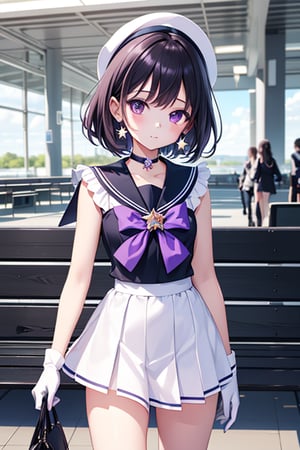 (solo:1.5), (A five-year-old girl:1.5), (Five years old:1.5), (infant:1.5), (little girl:1.5), A 6-year-old Japanese schoolgirl incorporating Sailor Saturn elements,

short purple hair, purple eyes, magical girl outfit, sailor senshi uniform, miniskirt, purple sailor collar, white gloves, circlet, brooch, choker, earrings, gloves, jewelry, star choker,

looking at the viewer, cowboy shot,

Airport Square,

beautiful and detailed illustration, high-quality, 8k resolution, perfect lighting, extremely detailed CG, perfect hands and anatomy, masterpiece,

Daytime,

