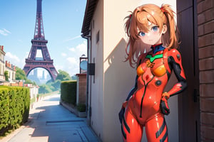 (6 year old girl:1.7), 

(cowboy shot:1.3), 
standing,
Asuka Langley Soryu from Neon Genesis Evangelion, young child, blue eyes, orange hair, hair between eyes, cute expression, childlike features, wearing a red plugsuit, outdoors, looking at viewer, innocent pose, standing in front of the Eiffel Tower in France on a bright sunny day, tower visible in background, Parisian landscape surrounding her.