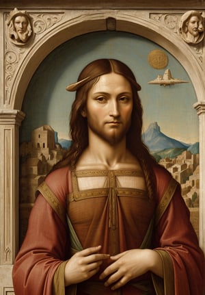 A portrait in the distinctive style of Leonardo da Vinci, depicting the upper body of Jesus Christ in an ancient city. The background subtly hints at an ancient city, with elements such as detailed architecture, temples, and market scenes visible but not distracting from the main subject. Jesus is shown wearing traditional ancient clothing, with a serene and compassionate expression. The painting captures the intricate details and realistic textures typical of Leonardo da Vinci's work, with a focus on light and shadow to create depth and dimension. Use the sfumato technique for soft transitions between colors and tones, and emphasize Jesus's divine features and gentle presence. Blend Renaissance and ancient aesthetics seamlessly.