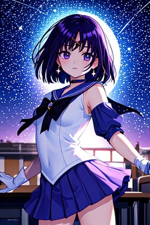 Generate a high-quality image of a 6-year-old Japanese schoolgirl in a classroom setting, dressed as Sailor Saturn. She should have purple eyes, short purple hair, and wear a circlet, brooch, choker, earrings, gloves, and a sailor senshi uniform with a miniskirt. The image should be set against a night sky with stars and a moon, and the girl should be looking directly at the viewer with a cowboy shot composition. The image should be a masterpiece with best quality, high resolution, and unity 8k wallpaper standards. The illustration should have beautiful, detailed eyes, an extremely detailed face, perfect lighting, and extremely detailed CG with perfect hands and anatomy. The background should be a beautiful, high-quality image of a school, with a focus on the girl as Sailor Saturn