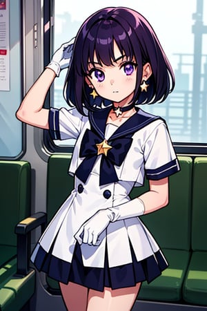 (solo:1.5),
(A five-year-old girl:1.5),
(Five years old:1.5),
(infant:1.5),
(little girl:1.5),
A 6-year-old Japanese schoolgirl incorporating Sailor Saturn elements,
looking at the viewer,
cowboy shot,

short purple hair,
purple eyes,

magical girl outfit,
sailor senshi uniform,
miniskirt,
purple sailor collar,
white gloves,
circlet,
brooch,
choker,
earrings,
gloves,
jewelry,
star choker,

Inside a Japanese train,

beautiful and detailed illustration,
high-quality,
8k resolution,
perfect lighting,
extremely detailed CG,
perfect hands and anatomy,
masterpiece,

bright,
sunny day,