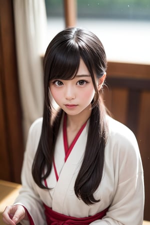 A beautiful black elementary school girl with long, flowing black hair styled in elegant vertical rolls and captivating eyes stands before the grand palace of the ancient Emperor in Japan. She wears traditional Japanese clothing (like a richly decorated kimono and hakama). Her expression reveals a mixture of awe, curiosity, and wonder as she gazes at the magnificent structure. She could be looking up at the palace gates, walking through the lush gardens, or being guided by a court lady. The scene is captured in high resolution and with the highest image quality, creating a realistic and captivating depiction of a young girl experiencing the grandeur of the ancient imperial court.