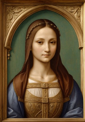 A portrait in the distinctive style of Leonardo da Vinci, depicting the upper body of the Virgin Mary in an ancient city. The background subtly hints at an ancient city, with elements such as detailed architecture, temples, and market scenes visible but not distracting from the main subject. Mary is shown wearing traditional ancient clothing, with a serene and compassionate expression. The painting captures the intricate details and realistic textures typical of Leonardo da Vinci's work, with a focus on light and shadow to create depth and dimension. Use the sfumato technique for soft transitions between colors and tones, and emphasize Mary's divine features and gentle presence. Blend Renaissance and ancient aesthetics seamlessly.