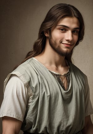 Produce a portrait of a 20-year-old man embodying the likeness of Jesus Christ, dressed in upper body attire, using Leonardo da Vinci's High Renaissance style. Incorporate elements such as sfumato technique, enigmatic smile, realistic adolescent anatomy, intricate drapery, and chiaroscuro lighting
