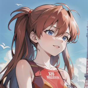 Upper body portrait of 6-year-old Asuka Langley Soryu from Neon Genesis Evangelion on a bright sunny day, distinctive red hair with neural clips, blue eyes, cheerful expression, wearing her iconic red dress, Tokyo Tower in the background, 8K resolution, photorealistic, natural lighting, highly detailed, sharp focus