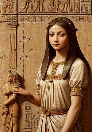 A painting of a 5-year-old girl in an ancient Egyptian city, depicted in Leonardo da Vinci's distinctive style. The scene should feature intricate architectural details of Egyptian temples and pyramids, with the girl in the foreground. Use the sfumato technique for soft transitions between colors and tones. Include realistic human anatomy and natural elements like the Nile River. Emphasize the girl's curious expression and delicate features. Incorporate da Vinci's fascination with light and shadow, creating a mysterious atmosphere. Blend Renaissance and ancient Egyptian aesthetics seamlessly.