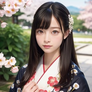 A stunning portrait of an 8-year-old Japanese girl, radiating beauty and innocence. She has long, flowing black hair, large, expressive dark eyes, and a delicate, heart-shaped face. She is wearing a traditional Japanese kimono, adorned with intricate patterns and vibrant colors. The background is a serene Japanese garden with cherry blossoms in full bloom. Highly detailed, masterpiece, 8K resolution.