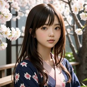 A stunning portrait of an 8-year-old Japanese girl, radiating beauty and innocence. She has long, flowing black hair, large, expressive dark eyes, and a delicate, heart-shaped face. She is wearing a traditional Japanese kimono, adorned with intricate patterns and vibrant colors. The background is a serene Japanese garden with cherry blossoms in full bloom. Highly detailed, masterpiece, 8K resolution.