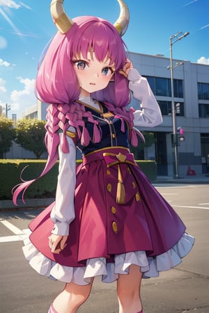 aaaura, braid, twin braids, horns, 

(A girl dressed as an idol:1.3),

Create a photorealistic, ultra-high-resolution (8K) image of a young, petite 6-year-old Japanese girl with a gentle and kind expression. She should be standing on the rooftop of a school on a bright, sunny day.