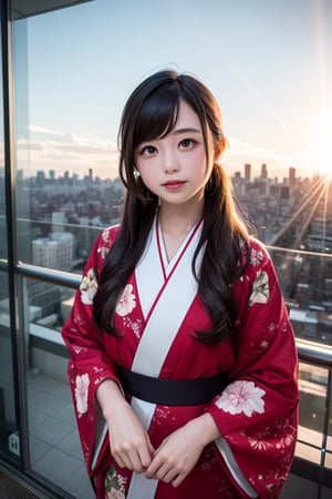 A six-year-old Japanese girl with long black hair, wearing a traditional kimono, stands in front of a camera, facing forward. She is standing in a bustling futuristic cityscape in the year 2100, surrounded by towering skyscrapers made of shimmering metal and glass. The girl's expression is one of wonder and curiosity, her eyes wide with amazement at the dazzling cityscape. Flying cars zip through the air, holographic advertisements illuminate the sky, and the cityscape is a vibrant blend of technology and nature.