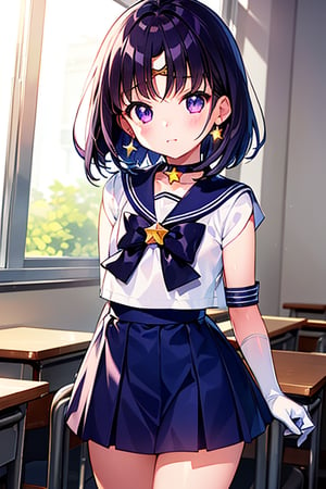  (A five-year-old girl:1.5),
 (Five years old:1.5),
 (infant:1.5),
 (little girl:1.5),
A beautiful and detailed illustration of a 6-year-old Japanese schoolgirl in a classroom setting, incorporating Sailor Saturn elements. She has short purple hair, purple eyes, and is wearing a magical girl outfit with a sailor senshi uniform, miniskirt, purple sailor collar, white gloves, circlet, brooch, choker, earrings, gloves, jewelry, and a star choker. The image should be in a high-quality, 8k resolution, with perfect lighting, extremely detailed CG, and perfect hands and anatomy. The girl should be looking at the viewer in a cowboy shot, with a natural light source and a school background. 