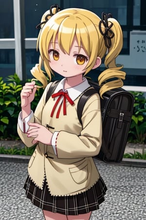 Create a stunning, high-resolution masterpiece of a solo young Japanese girl, around 6 years old, with blonde hair styled in twin drills and twintails, adorned with a cute hair ornament. Her bright yellow eyes sparkle with innocence and curiosity. She wears a traditional Japanese kindergarten uniform, including a collared shirt, pleated skirt, and a backpack. Her expression is one of playfulness and wonder, capturing the charm and energy of a young child. Generate an image that is highly detailed and visually striking, with a focus on the character's youthful innocence and endearing personality. Highly detailed, masterpiece, 8K, 3D, photorealistic, 1 girl, solo, young, female, Japanese, kindergarten uniform, backpack, playful expression, curious.