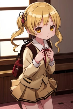 Create a stunning, high-resolution masterpiece of a solo young Japanese girl, around 6 years old, with blonde hair styled in twin drills and twintails, adorned with a cute hair ornament. Her bright yellow eyes sparkle with innocence and curiosity. She wears a traditional Japanese kindergarten uniform, including a collared shirt, pleated skirt, and a backpack. Additionally, she is dressed in a stylish OL (Office Lady) outfit, featuring a neat blouse, knee-length skirt, and a blazer. Her expression is one of playfulness and wonder, capturing the charm and energy of a young child. Generate an image that is highly detailed and visually striking, with a focus on the character's youthful innocence, endearing personality, and her unique blend of traditional kindergarten uniform and OL attire. Highly detailed, masterpiece, 8K, 3D, photorealistic, 1 girl, solo, young, female, Japanese, kindergarten uniform, backpack, playful expression, curious, OL outfit.
