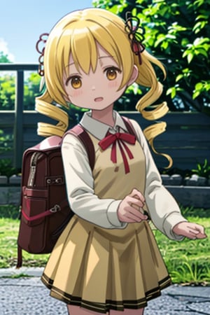 Create a stunning, high-resolution masterpiece of a solo young Japanese girl, around 6 years old, with blonde hair styled in twin drills and twintails, adorned with a cute hair ornament. Her bright yellow eyes sparkle with innocence and curiosity. She wears a traditional Japanese kindergarten uniform, including a collared shirt, pleated skirt, and a backpack. Her expression is one of playfulness and wonder, capturing the charm and energy of a young child. Generate an image that is highly detailed and visually striking, with a focus on the character's youthful innocence and endearing personality. Highly detailed, masterpiece, 8K, 3D, photorealistic, 1 girl, solo, young, female, Japanese, kindergarten uniform, backpack, playful expression, curious.