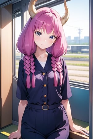 (solo:1.1),
young,
petite,
6-year-old,
Japanese girl,
gentle and kind expression,

aaaura,
braid,
twin braids,
horns,

(Office worker clothes:1.1),

looking at the viewer, cowboy shot,
Inside a Japanese train,

bright,
sunny day,

photorealistic,
ultra-high-resolution,
8K,
