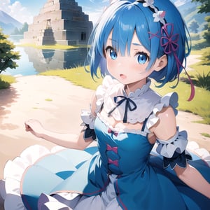 (6 year old girl:1.7), (cowboy shot:1.4), Rem from Re:Zero, (insanely detailed:1.1), (Ultra detailed:1.1), (8K resolution:1.2), (photorealistic:1.1), (natural lighting:1.1), young child, big blue eyes, short light blue hair with side bangs, cute expression, childlike features, wearing a distinctive maid outfit with frills and bows, blue and white color scheme, outdoors, Maya civilization pyramid temple in background, bright sunny day, clear sky, looking at viewer, innocent pose, (hyper-realistic:1.1)