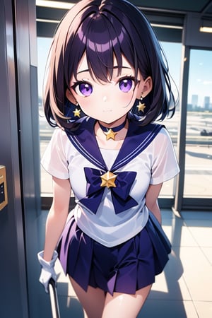  (A five-year-old girl:1.5),
 (Five years old:1.5),
 (infant:1.5),
 (little girl:1.5),
 (petite:1.5),
(solo:1.1),

A 6-year-old Japanese schoolgirl incorporating Sailor Saturn elements,
looking at the viewer,
cowboy shot,

short purple hair,
purple eyes,

magical girl outfit,
sailor senshi uniform,
miniskirt,
purple sailor collar,
white gloves,
circlet,
brooch,
choker,
earrings,
gloves,
jewelry,
star choker,

airport,

beautiful and detailed illustration,
high-quality,
8k resolution,
perfect lighting,
extremely detailed CG,
perfect hands and anatomy,
masterpiece,

bright,
sunny day,