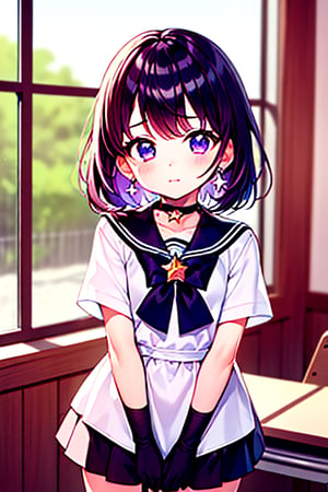  (A five-year-old girl:1.5),
 (Five years old:1.5),
 (infant:1.5),
 (little girl:1.5),
A beautiful and detailed illustration of a 6-year-old Japanese schoolgirl in a classroom setting, incorporating Sailor Saturn elements. She has short purple hair, purple eyes, and is wearing a magical girl outfit with a sailor senshi uniform, miniskirt, purple sailor collar, white gloves, circlet, brooch, choker, earrings, gloves, jewelry, and a star choker. The image should be in a high-quality, 8k resolution, with perfect lighting, extremely detailed CG, and perfect hands and anatomy. The girl should be looking at the viewer in a cowboy shot, with a natural light source and a school background. 