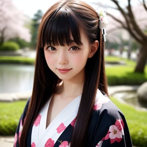 A stunning portrait of an 8-year-old Japanese girl, radiating beauty and innocence. She has long, flowing black hair, large, expressive dark eyes, and a delicate, heart-shaped face. She is wearing a traditional Japanese kimono, adorned with intricate patterns and vibrant colors. The background is a serene Japanese garden with cherry blossoms in full bloom. Highly detailed, masterpiece, 8K resolution.