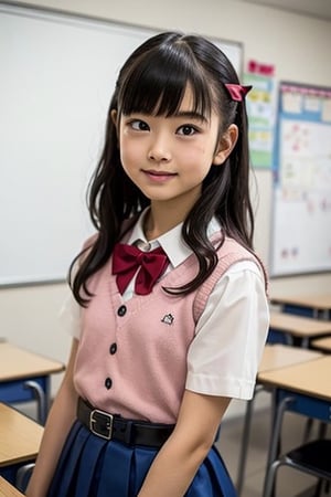 A masterpiece drawing by a 6-year-old Japanese girl in a kindergarten classroom. The artwork features a young girl with long black hair and bangs, with purple eyes (1.2 strength). She is wearing a school uniform consisting of a white collared shirt, a blue dress with a green ribbon, a blue belt, and a belt bag. The dress has a pleated skirt and a two-tone design. She has a blush on her face and is looking directly at the viewer. The illustration is of the highest quality, with a focus on attention to detail and a vibrant, anime-inspired style reminiscent of the character Inoue Takina. The final image is in high resolution.