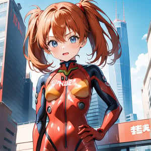 (6 year old girl:1.7), Asuka Langley Soryu from Neon Genesis Evangelion, young child, blue eyes, orange hair, hair between eyes, cute expression, childlike features, wearing a red plugsuit, outdoors, looking at viewer, innocent pose, background is Tokyo Tower, cityscape