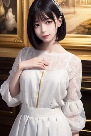 Masterpiece, top quality, official art, highly detailed CG Unity 8K wallpaper, like a , very delicate and beautiful, ultra high resolution, (photorealistic: 1.4), golden hour lighting, (upper body), (platinum shorthair: 0.8), (puffy eyes), looking at the viewer, facing the front, smiling, JK skirt, white dress, Shirt Lift Long Black Hair