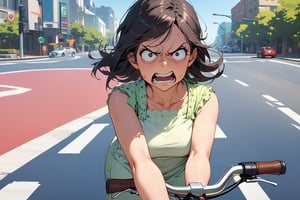 standing,

(cowboy shot:1.1),

A 30-year-old woman with black hair, looking angry, riding a bicycle. She is wearing typical housewife clothing, emphasizing her distinctive appearance. The shot is a cowboy shot, focusing on her upper body. The background features a bright, sunny day at a traffic intersection with visible traffic lights. The image should be insanely detailed and ultra-detailed