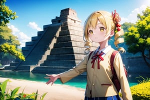 1 girl,
solo,
young Japanese girl,
around 6 years old,
bright yellow eyes,
sparkle with innocence and curiosity,
playful expression,
curious,
young,
female,
Japanese,

wearing a Japanese school uniform,
collared shirt,
pleated skirt,
backpack,

blonde hair,
styled in twin drills and twintails,
adorned with a cute hair ornament,

 front of a Mayan pyramid temple,

bright sunny day,
clear blue sky,
sunlight,

high-resolution,
highly detailed,
masterpiece,
8K,
3D,
photorealistic,

medium shot,

stunning,
visually striking,
youthful innocence,
endearing personality,
playfulness and wonder,
charm and energy of a young child,