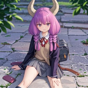 aaaura, braid, twin braids, horns, 

Create a photorealistic, ultra-high-resolution (8K) image of a young, petite Japanese high school student with a gentle and kind expression. She should be wearing a traditional schoolgirl uniform, consisting of a pleated skirt, blazer, tie, and loafers, with a backpack by her side. Her hair should be styled in intricate, twin braids adorned with subtle, shimmering aaaura accents and horns. The image should exude a bright, natural atmosphere, with highly detailed textures and subtle, realistic lighting. The subject should embody the qualities of a cute and pretty idol, with minimal jewelry and a focus on her natural beauty. The overall image should be a masterpiece of ultra-detailed, top-quality artistry, evoking a sense of wonder and enchantment in the viewer.
