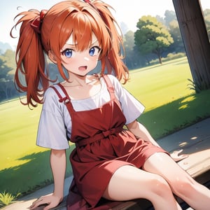 (6 year old girl:1.7), Asuka Langley Soryu from Neon Genesis Evangelion, young child, blue eyes, orange hair, hair between eyes, cute expression, childlike features, (no interface headset), wearing a red dress or casual children's outfit, outdoors, looking at viewer, innocent pose, background is Tokyo Imperial Palace