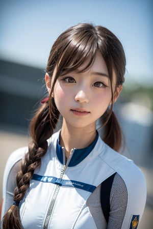 A beautiful black-haired Japanese elementary school girl stands confidently in front of a futuristic lunar base, her gaze fixed straight ahead, as if looking directly at the viewer. Her long, flowing hair, styled in elegant braids adorned with holographic hair clips, cascades down her back. She wears a sleek, white spacesuit, its design a fusion of advanced technology and minimalist aesthetics. Her eyes, filled with a sense of wonder and excitement, reflect the vastness of the lunar landscape and the promise of a new frontier. The scene is rendered in high resolution and with the highest image quality, creating a realistic and captivating depiction of a young girl standing at the forefront of human exploration, her presence a symbol of the future of space travel. The image exudes a sense of awe and possibility, blending the stark beauty of the moon with the dynamism of human ingenuity. The camera angle is from the front, capturing her full face and the imposing lunar base behind her.