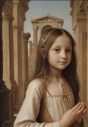 A portrait in the distinctive style of Leonardo da Vinci, depicting the upper body of a 5-year-old girl dressed in traditional ancient Greek clothing. The background subtly hints at an ancient Greek city, with elements such as detailed architecture, temples, and market scenes visible but not distracting from the main subject. The girl has a serene and innocent expression, and the painting captures the intricate details and realistic textures typical of Leonardo da Vinci's work, with a focus on light and shadow to create depth and dimension. Use the sfumato technique for soft transitions between colors and tones, and emphasize the girl's delicate features and curious expression. Blend Renaissance and ancient Greek aesthetics seamlessly.