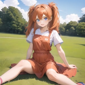 (6 year old girl:1.7), Asuka Langley Soryu from Neon Genesis Evangelion, young child, blue eyes, orange hair, hair between eyes, cute expression, childlike features, (no interface headset), wearing a red dress or casual children's outfit, outdoors, looking at viewer, innocent pose, background is Tokyo Imperial Palace