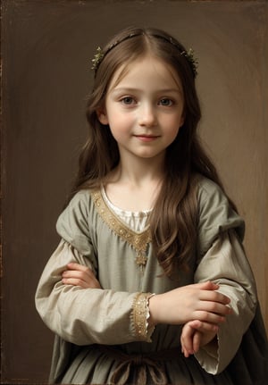 Renaissance portrait in the style of Leonardo da Vinci, upper body of a 5-year-old boy as young Jesus Christ, sfumato technique, subtle gradations, enigmatic smile, muted earth tones, atmospheric perspective, detailed background landscape, chiaroscuro lighting, realistic child anatomy, intricate drapery of Renaissance clothing, oil on wood panel, high level of detail, masterful composition, soft ethereal glow, gentle facial features, flowing hair, delicate hands, serene and innocent expression, simple robe, subtle halo effect.