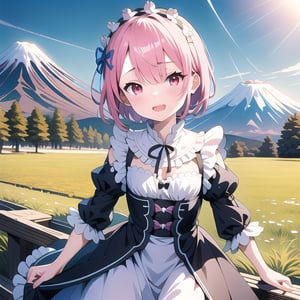 
(insanely detailed:1.1),
(Ultra detailed:1.1),
(8K resolution:1.1),
(photorealistic:1.1),
(hyper-realistic:1.1),
Photorealistic 8K resolution illustration,
Vibrant colors,
sharp focus,

(6 year old girl:1.7),
Ram from Re:Zero,
starting life in another world,
petite figure,

(cowboy shot:1.4),

(hair over one eye:1.1),
distinctive pink hair,

large red eyes,

Wearing her iconic maid uniform with frills and bows,
white headdress,

Bright sunny day,
clear blue sky,
Background: Mount Fuji in Japan,


