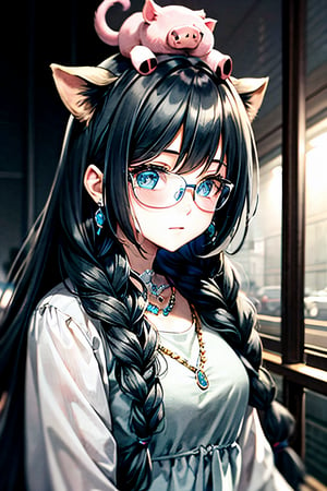 braid, 1girl, twin_braids, earrings, jewelry, animal, on_head, blue_hair, pig, multiple_braids, long_hair ,, 