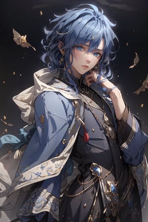 Best quality, best illustration, best lighting, incredible quality, highly detailed 8k CG wallpaper, detailed eyes, detailed face, detailed hair,
1man, blue_eyes, blue_hair, earrings, hair_between_eyes, jacket, jewelry, looking_at_viewer, open_clothes, own_hands_together, red_background, solo