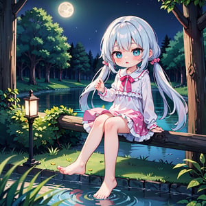 long hair, idol, big eyes, loli, forest, night, moonlight, lake